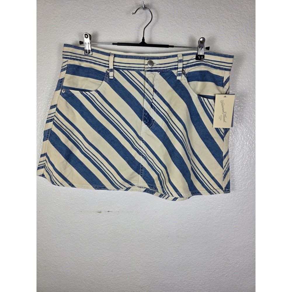 Universal Thread Womens Blue Cream Diagonal Stripe Denim Mini Skirt Size 14